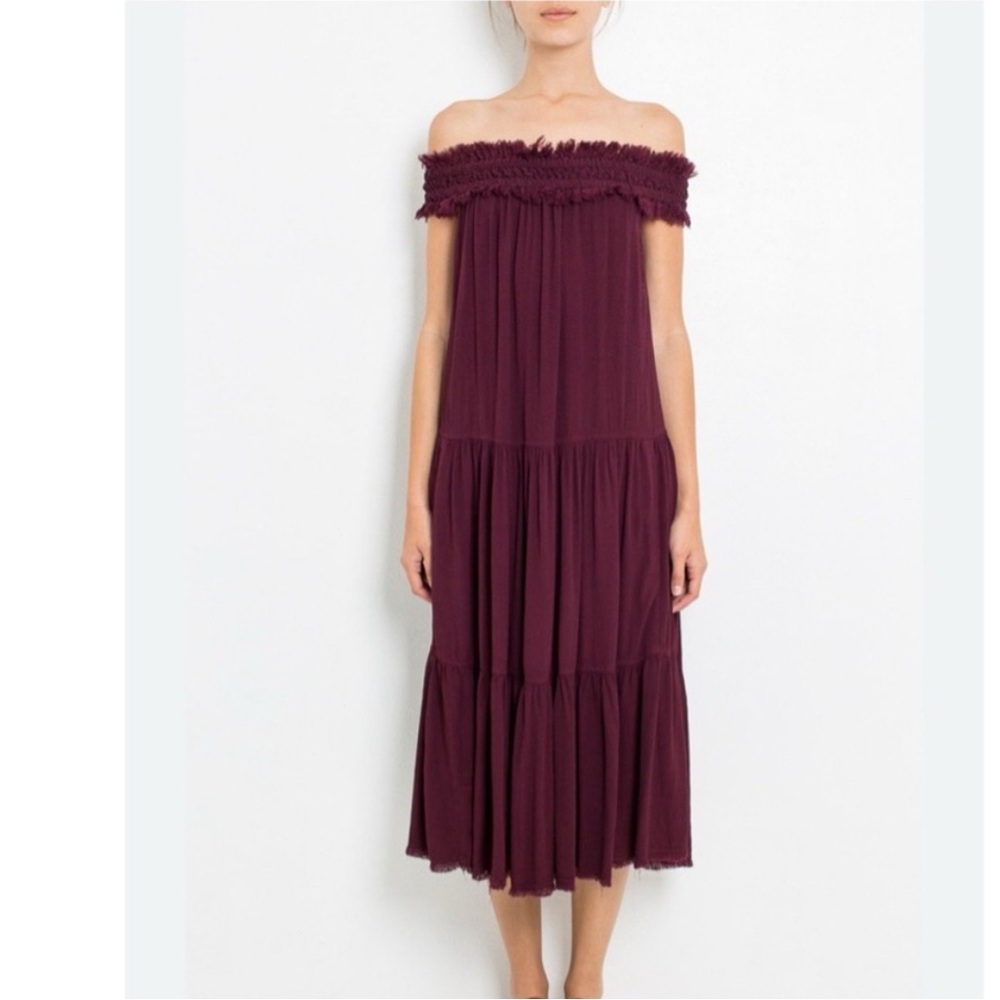 Raquel Allegra Shirred Midi Off Shoulder Dress